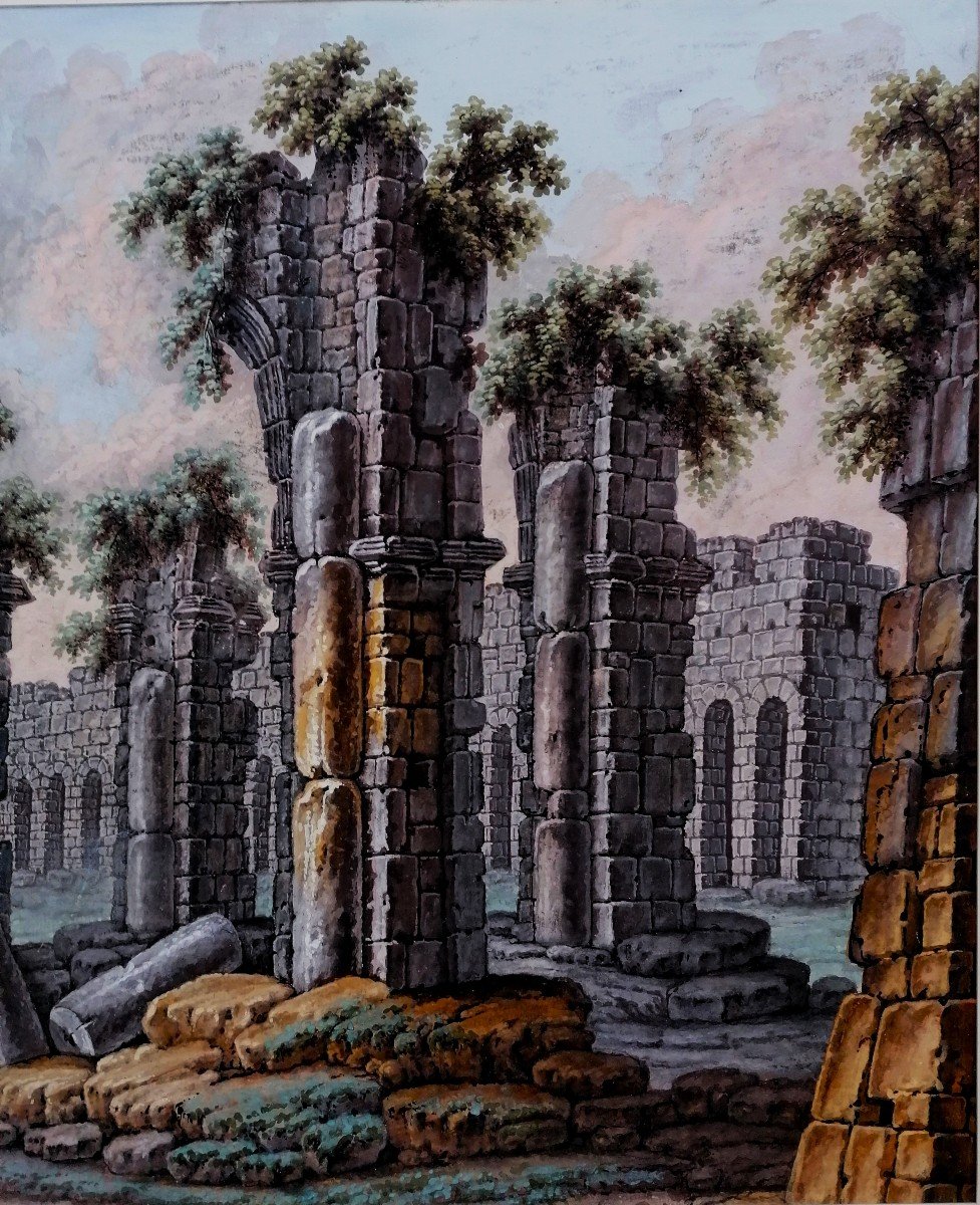 Gouache - Ruins - Late 18th Century - Carved Wood Frame - 46 X 63 Cm In Sight --photo-3