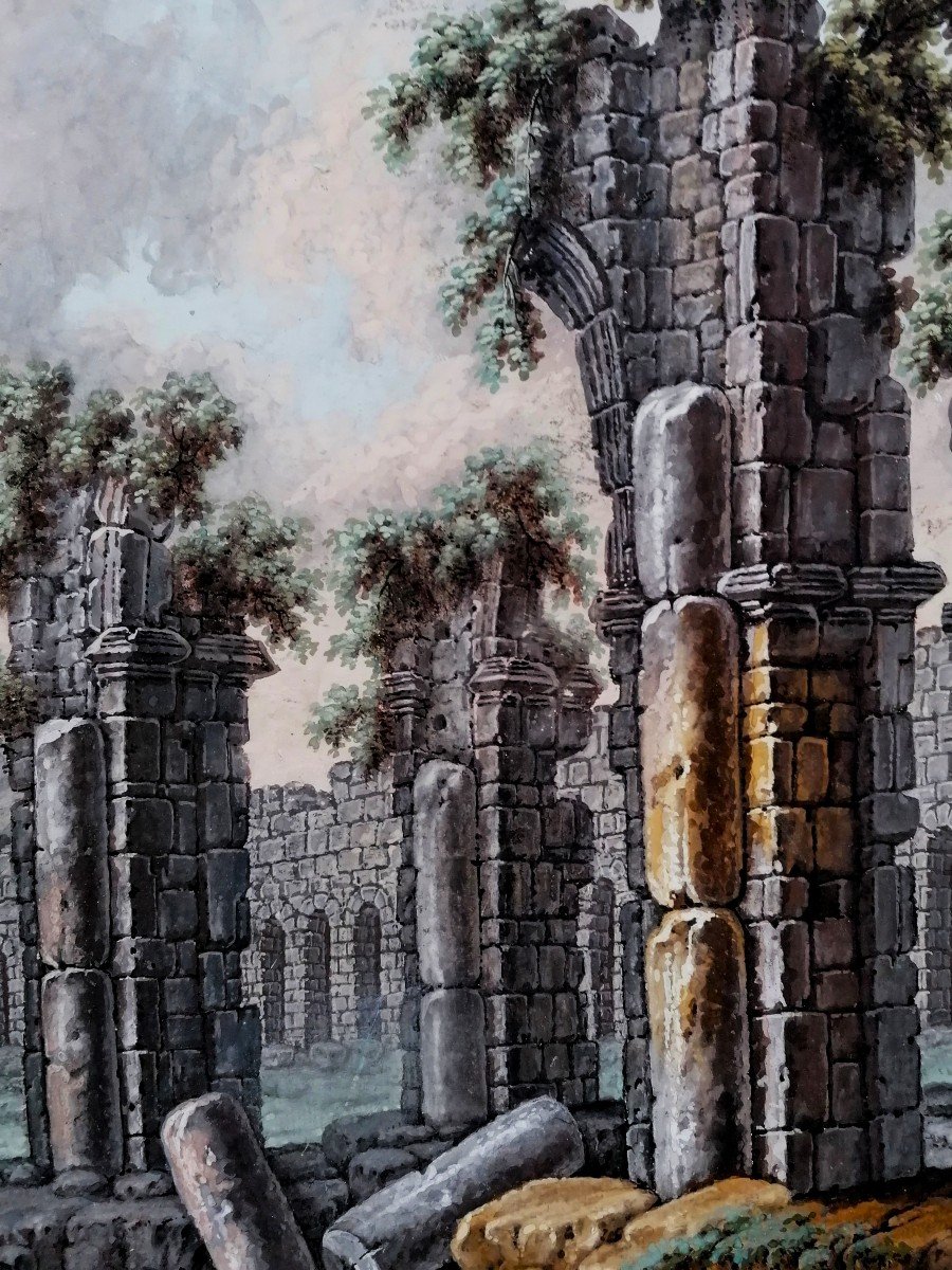 Gouache - Ruins - Late 18th Century - Carved Wood Frame - 46 X 63 Cm In Sight --photo-2