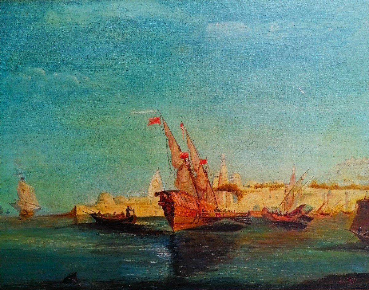 Orientalist Painting - View Of The Bosphorus And Constantinople - Signature - Circa 19th-20th Century --photo-2