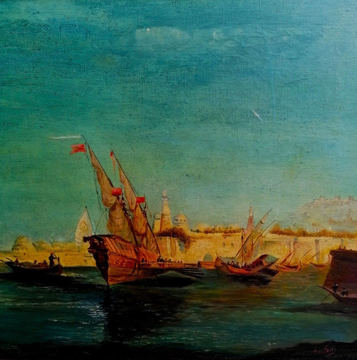 Orientalist Painting - View Of The Bosphorus And Constantinople - Signature - Circa 19th-20th Century --photo-3