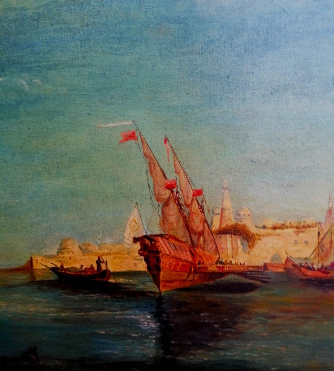 Orientalist Painting - View Of The Bosphorus And Constantinople - Signature - Circa 19th-20th Century --photo-3