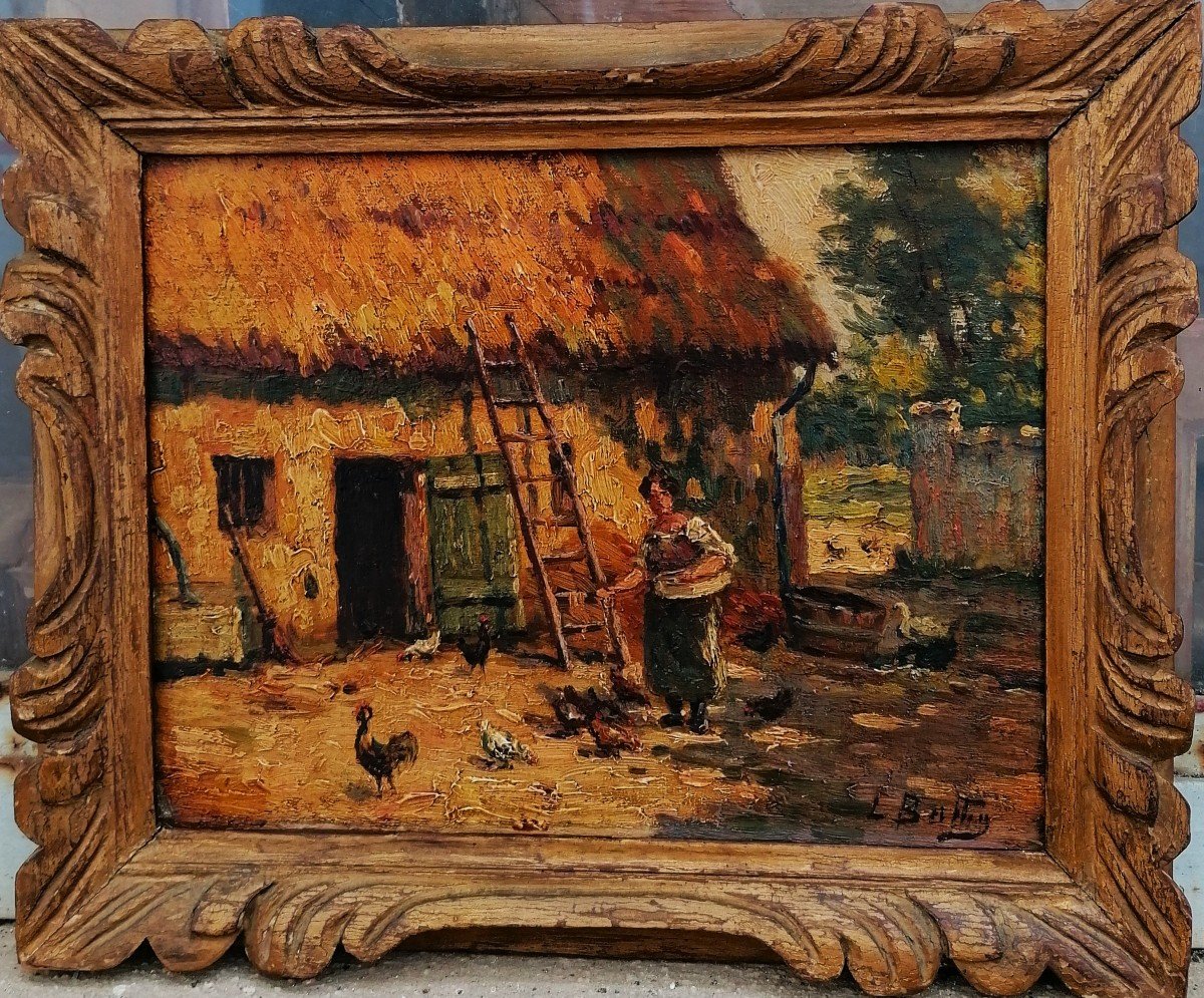 Léon Ballin - Oil On Wood - Lively Farm - Farmyard - Impressionist - 19th-20th Century - 1/2 --photo-2