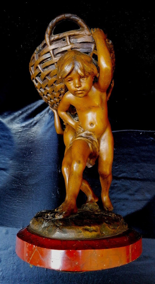Charles Théodore Perron - Sculpture - Deux Enfants Portant un Panier - XIX - XXème --photo-4