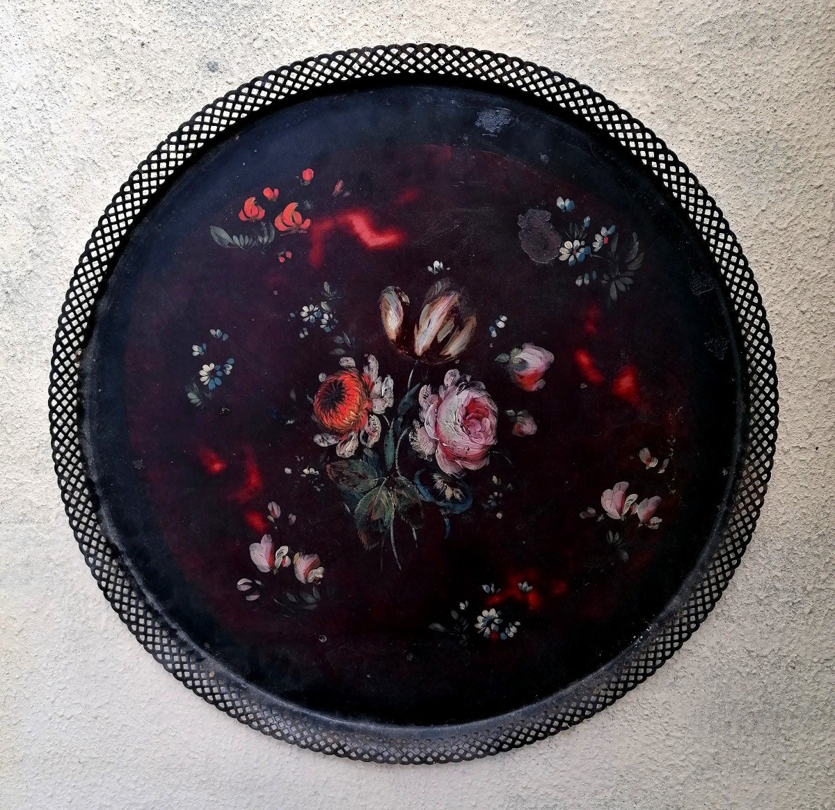 Painted Tole Tray - 17th Century Style Bouquet - Napoleon III - 60 Cm -