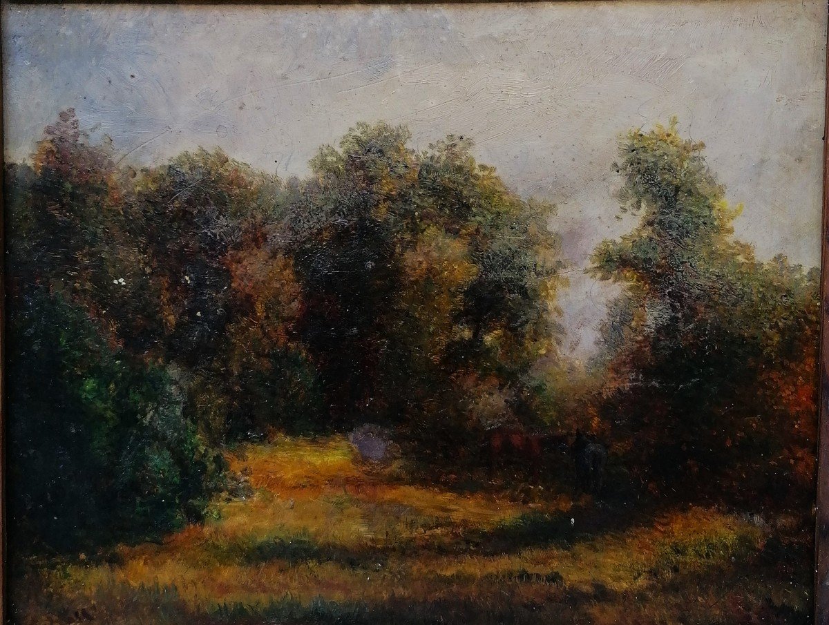 Oil On Wood - Landscape With Horses - Barbizon - 19th Century - -photo-4