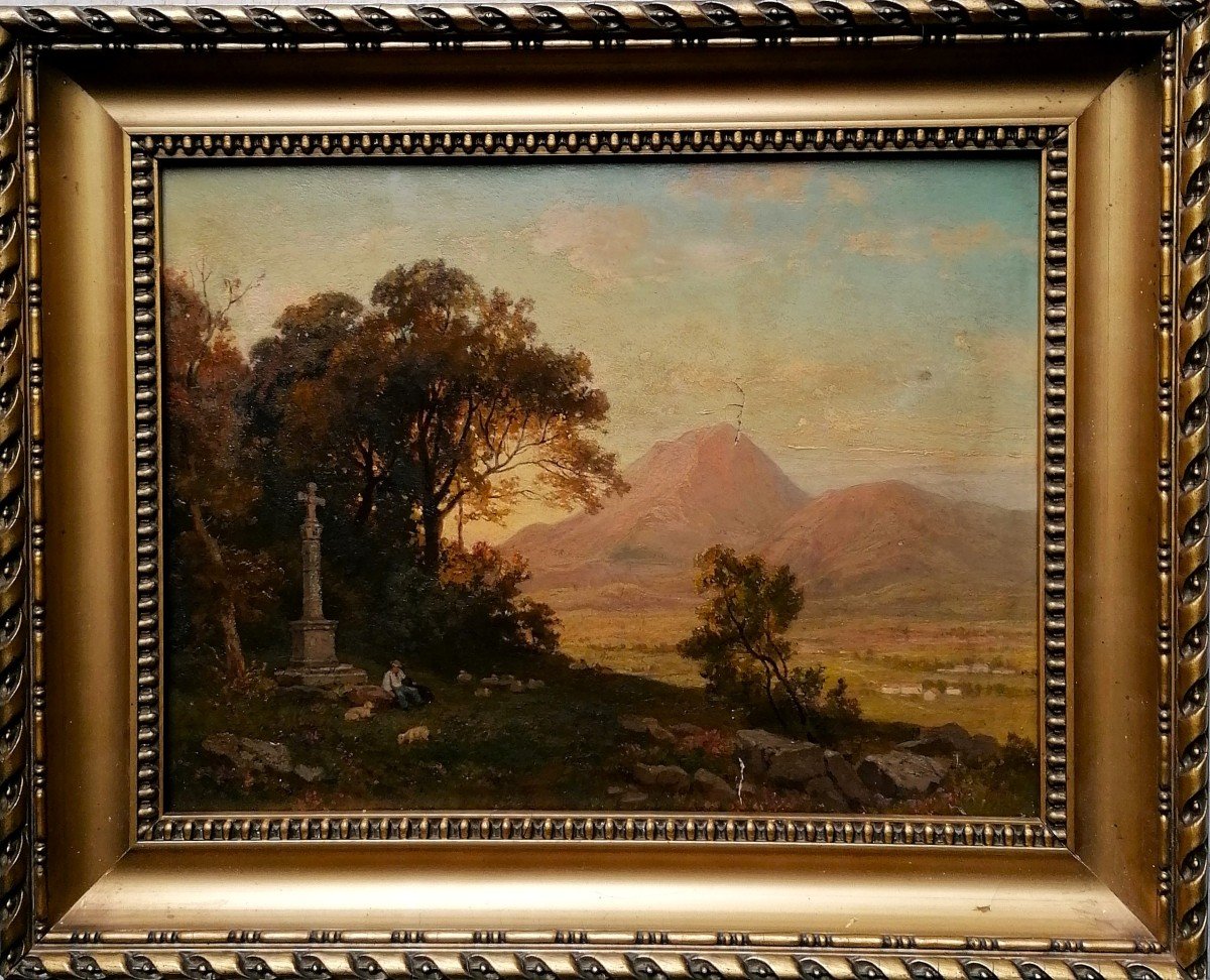 Oil On Paper - Alpine Landscape - View Of A Valley And A Lively Village - Early 19th Century --photo-2