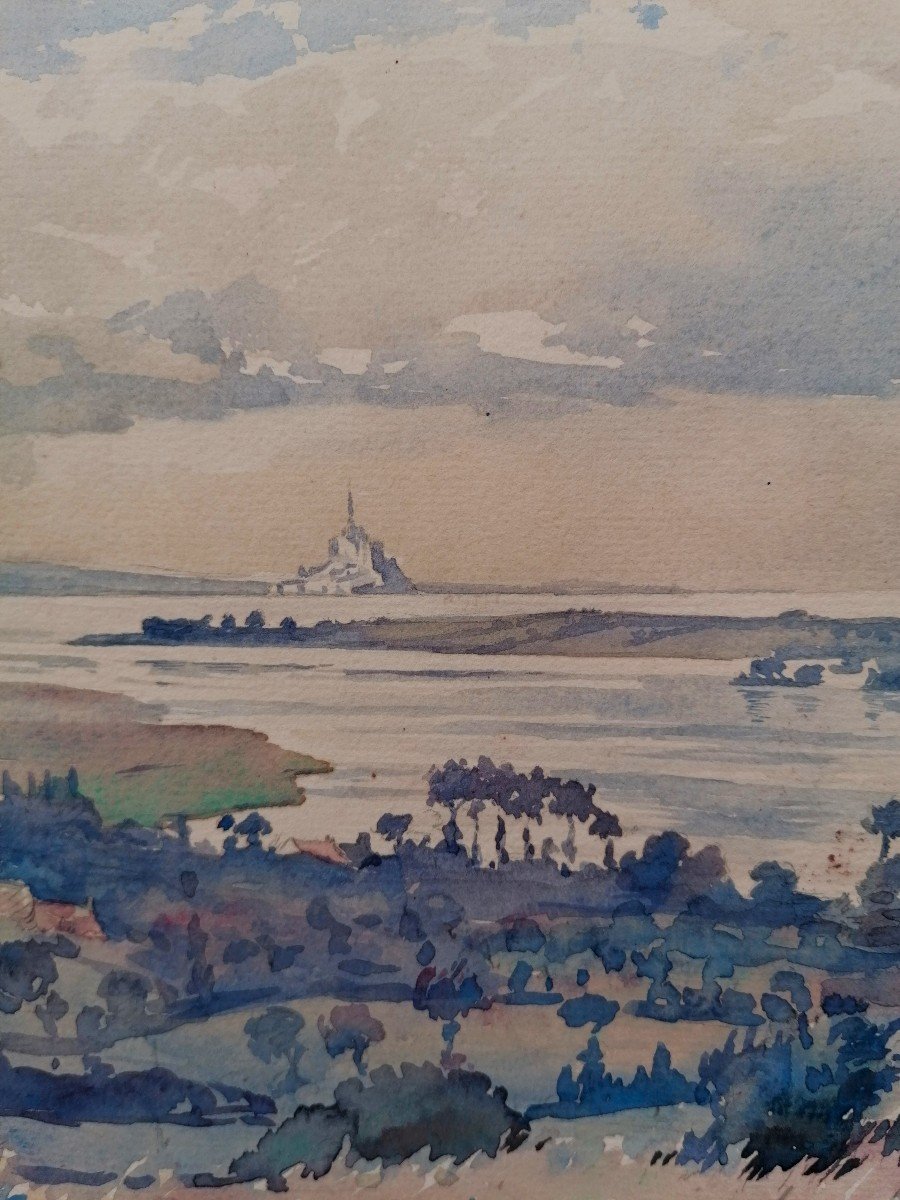 Watercolor - Guillaume Desgranges - View Of The Bay Of Mont Saint Michel - 20th Century --photo-4