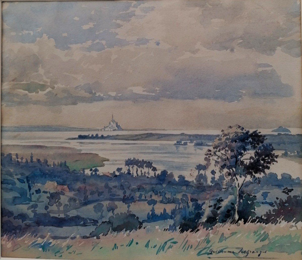 Watercolor - Guillaume Desgranges - View Of The Bay Of Mont Saint Michel - 20th Century -