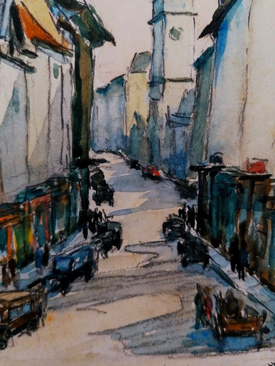 Aquarelle - Marcel De Baudouin ( 1860-1941 ) - Rue Saint Jacques - -photo-1