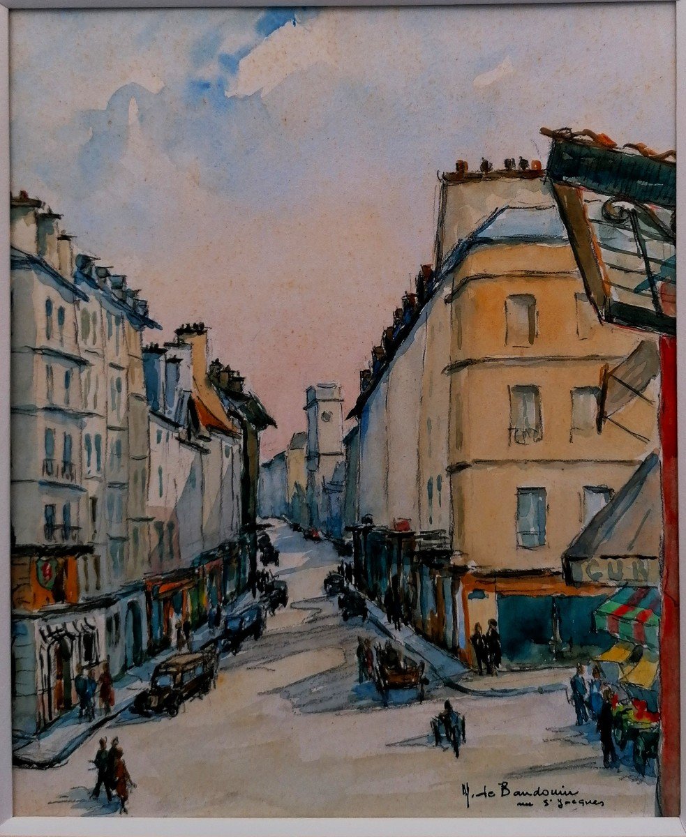 Aquarelle - Marcel De Baudouin ( 1860-1941 ) - Rue Saint Jacques - 