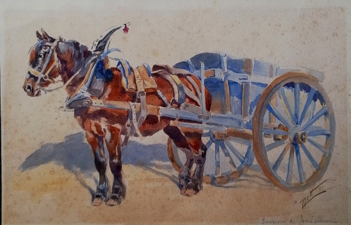 Watercolor - Odette Durand (1885-1972) Known As Dett - Horse - Cart - Toulouse - 