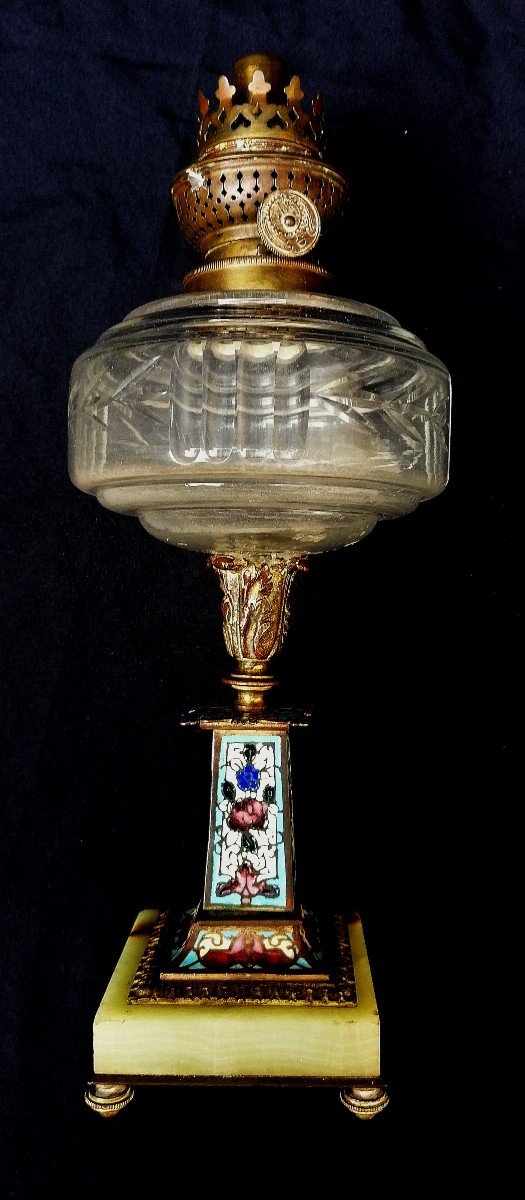 Oil Lamp - Cloisonne Bronze And Onyx Base - 19th Century -