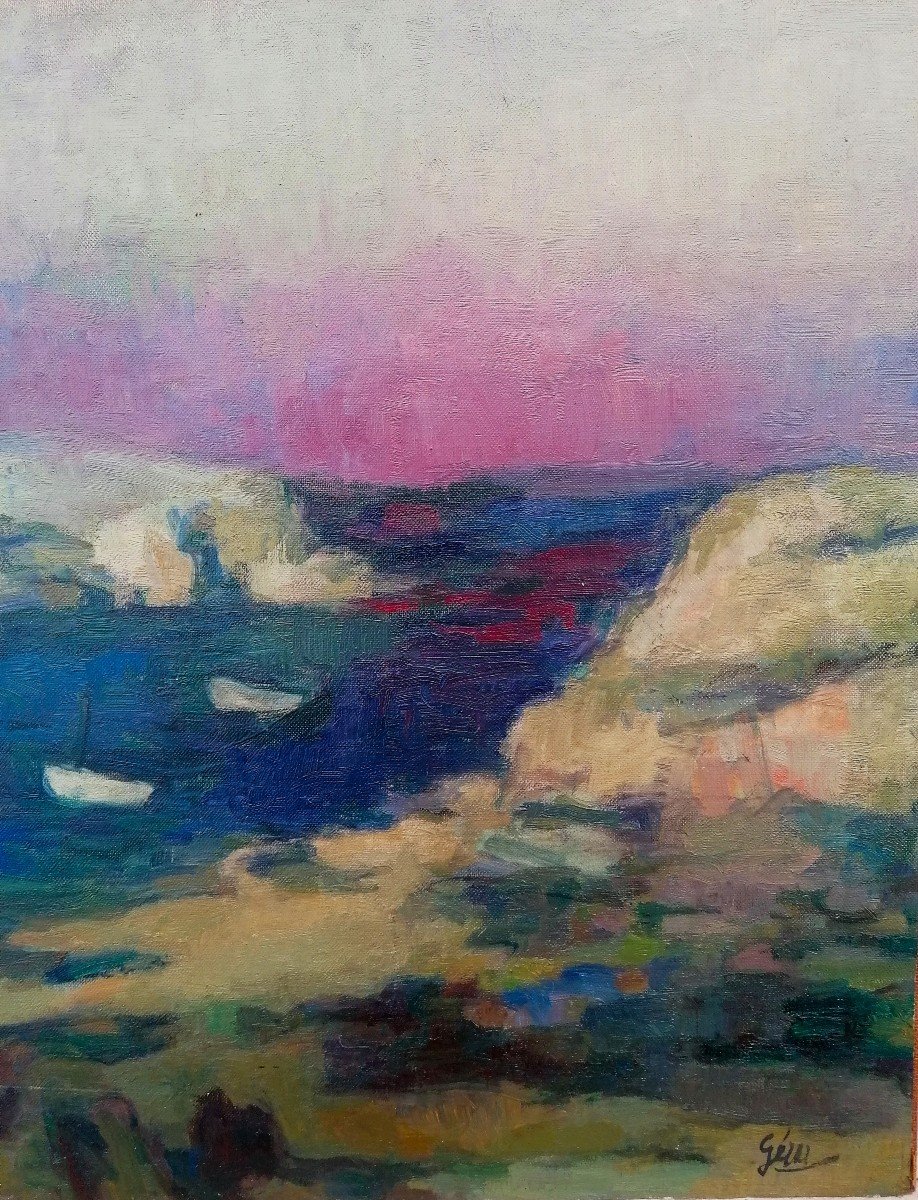 Huile sur Toile - Paysage de Mer a Quiberon - Signature - XXème Siècle --photo-2