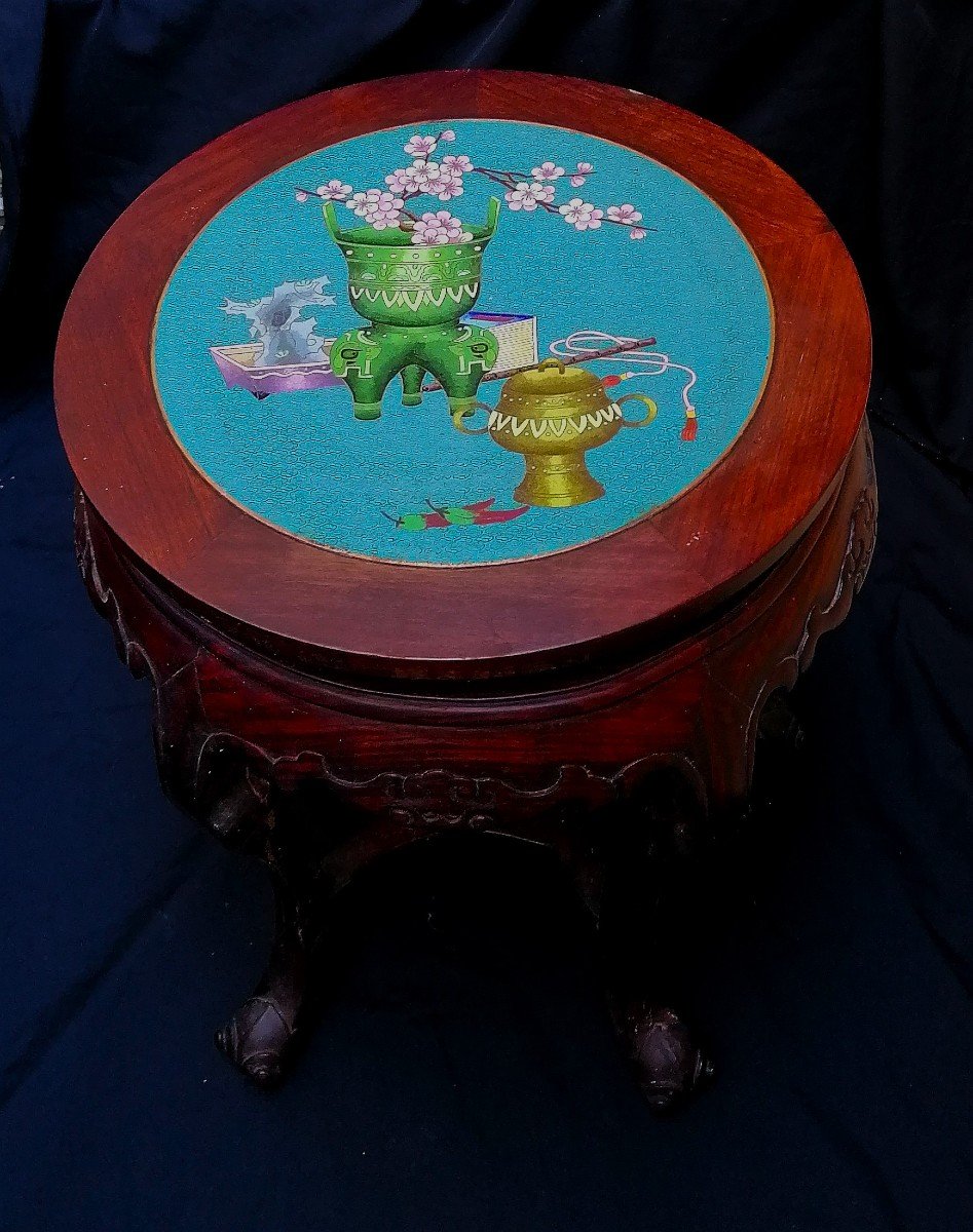 Chine - Sellette - Tabouret - Bois Exotique Dessus Cloisonné - d'Une Paire - Début XXème --photo-2