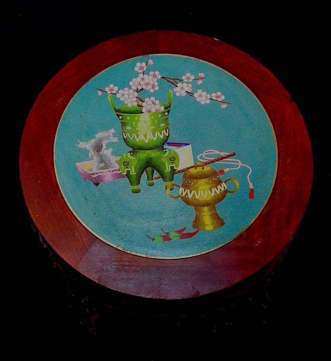 Chine - Sellette - Tabouret - Bois Exotique Dessus Cloisonné - d'Une Paire - Début XXème --photo-3