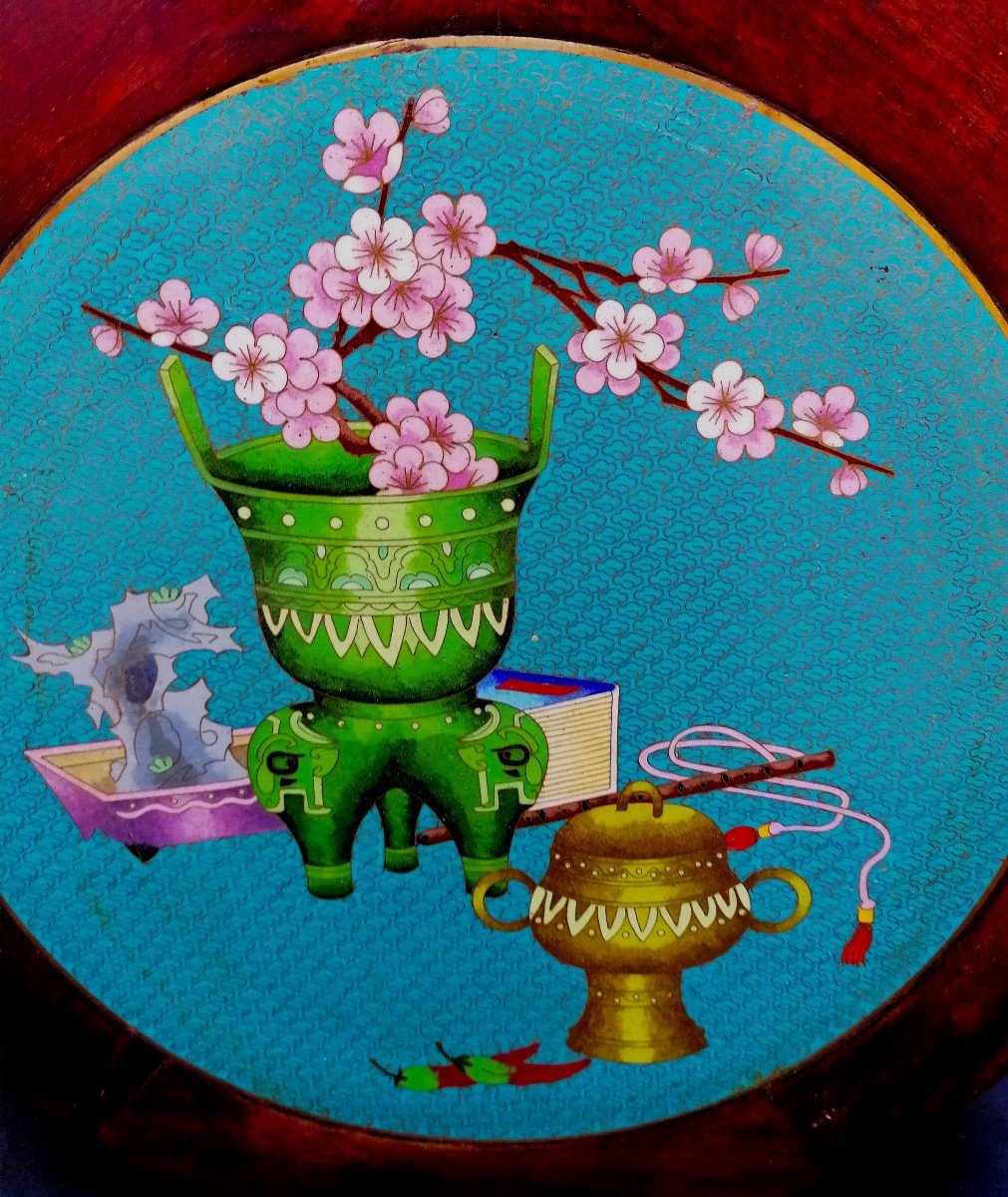 Chine - Sellette - Tabouret - Bois Exotique Dessus Cloisonné - d'Une Paire - Début XXème --photo-1