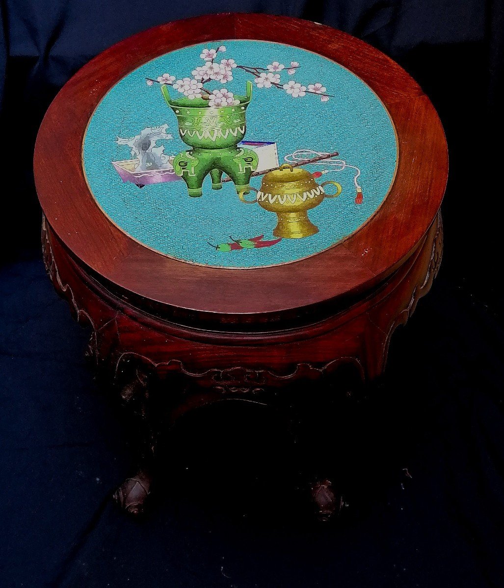 Chine - Sellette - Tabouret - Bois Exotique Dessus Cloisonné - d'Une Paire - Début XXème --photo-2