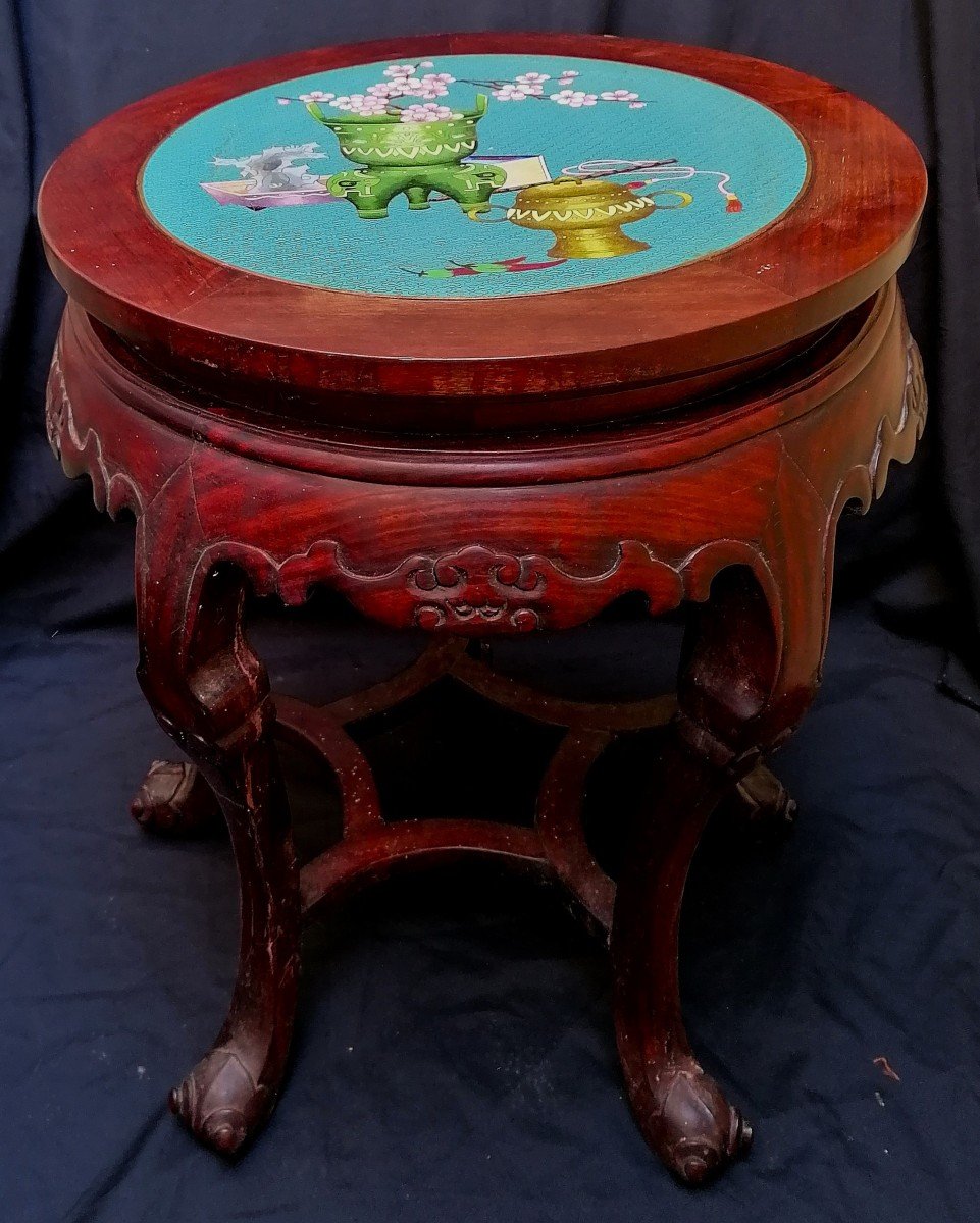 Chine - Sellette - Tabouret - Bois Exotique Dessus Cloisonné - d'Une Paire - Début XXème -