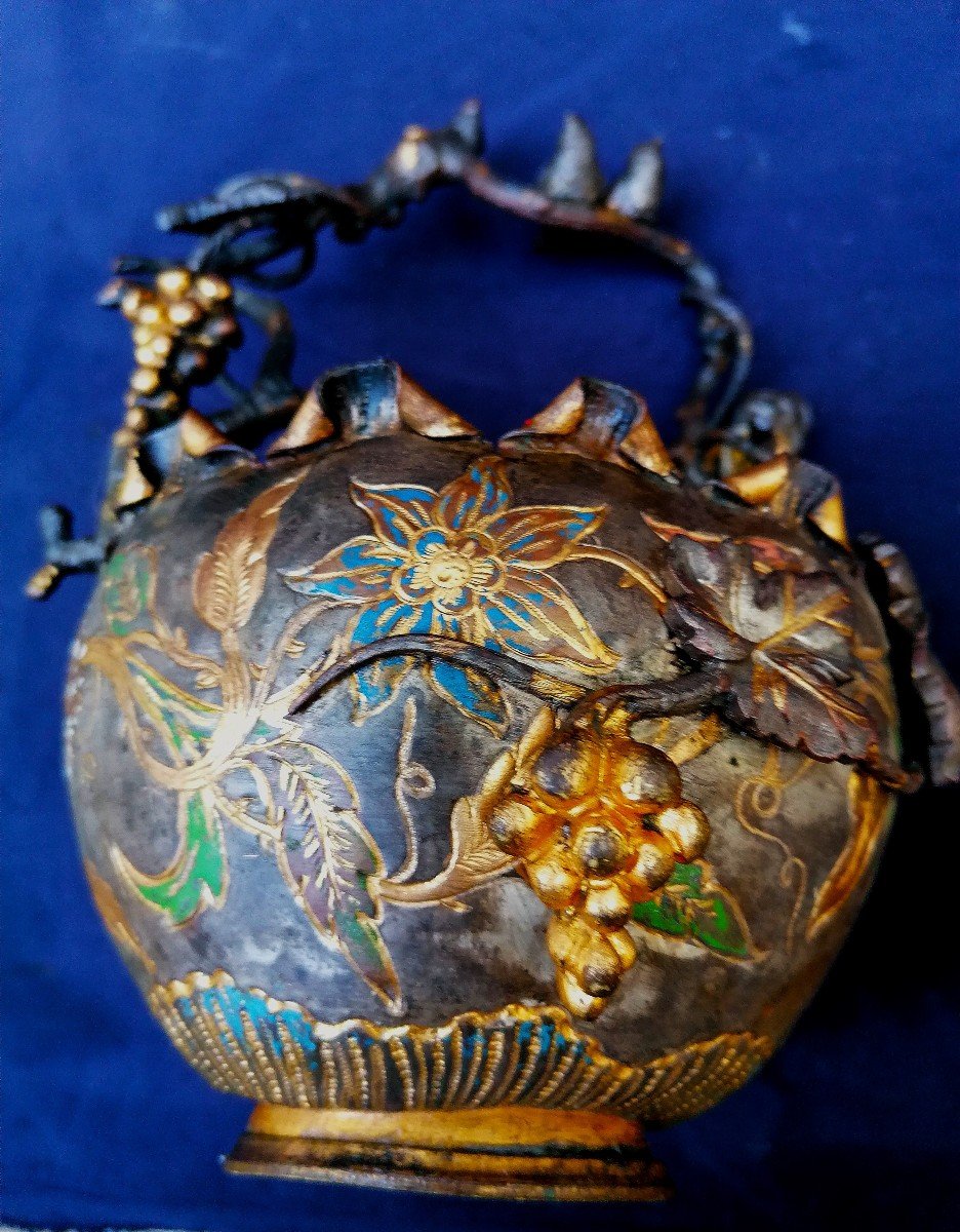 Basket - Bronze And Gilded Brass - Silvered - Enameled - Naturalist - 19th Century - Japanese - Vine -photo-4