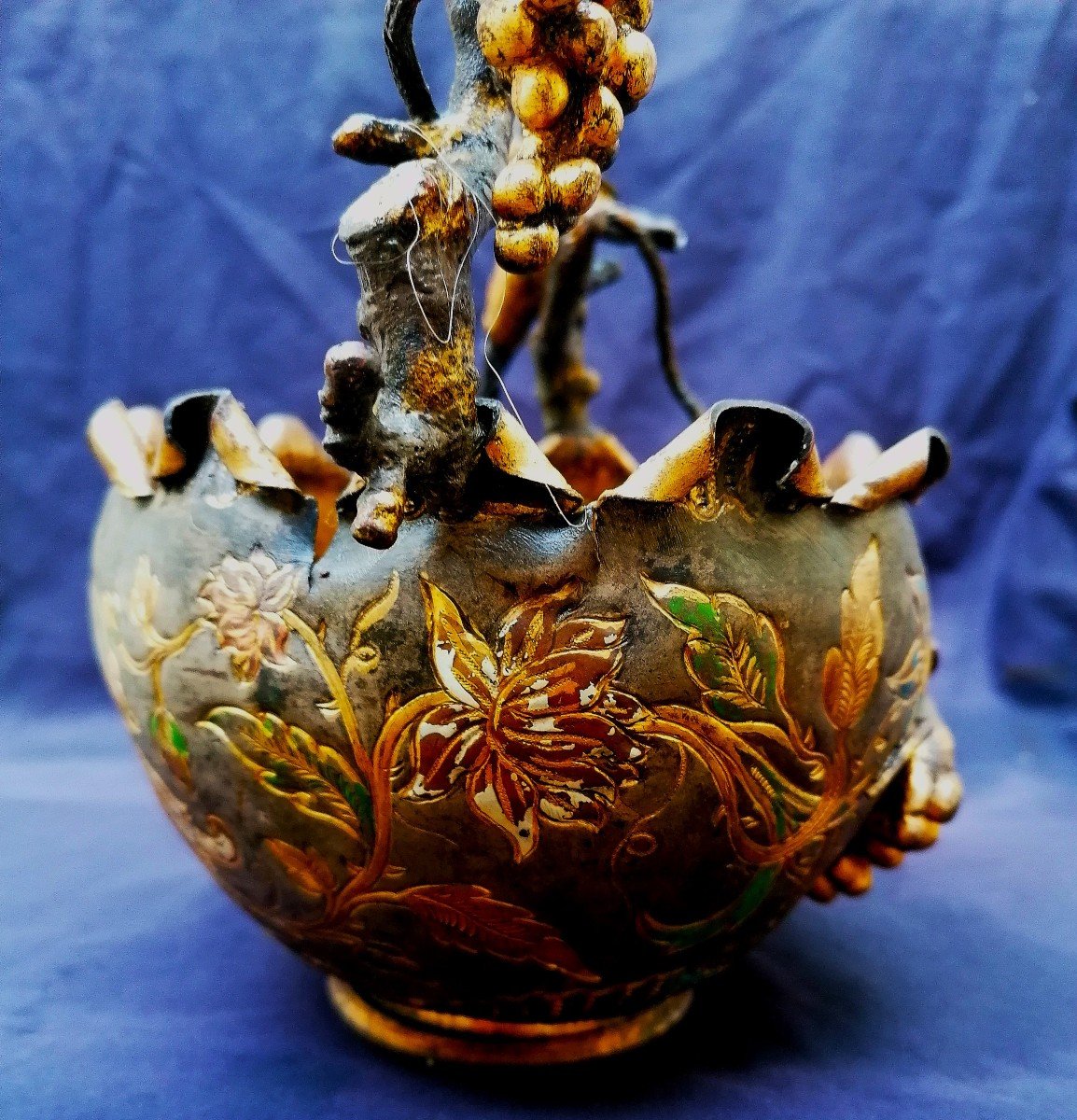 Basket - Bronze And Gilded Brass - Silvered - Enameled - Naturalist - 19th Century - Japanese - Vine -photo-3