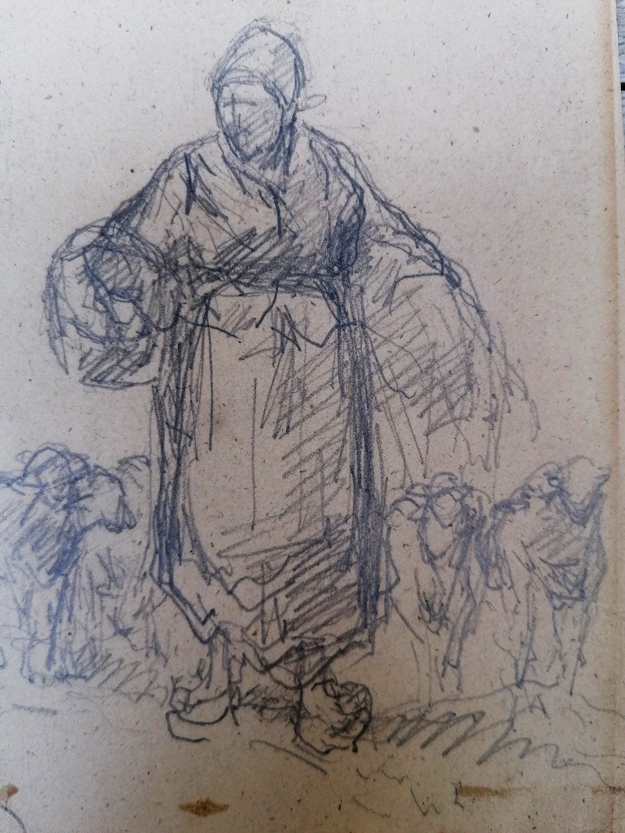 Louis Favre 1822-1904 - Drawing - Swiss School - Sketch - Farmer And Her Flock - 19th Century --photo-3