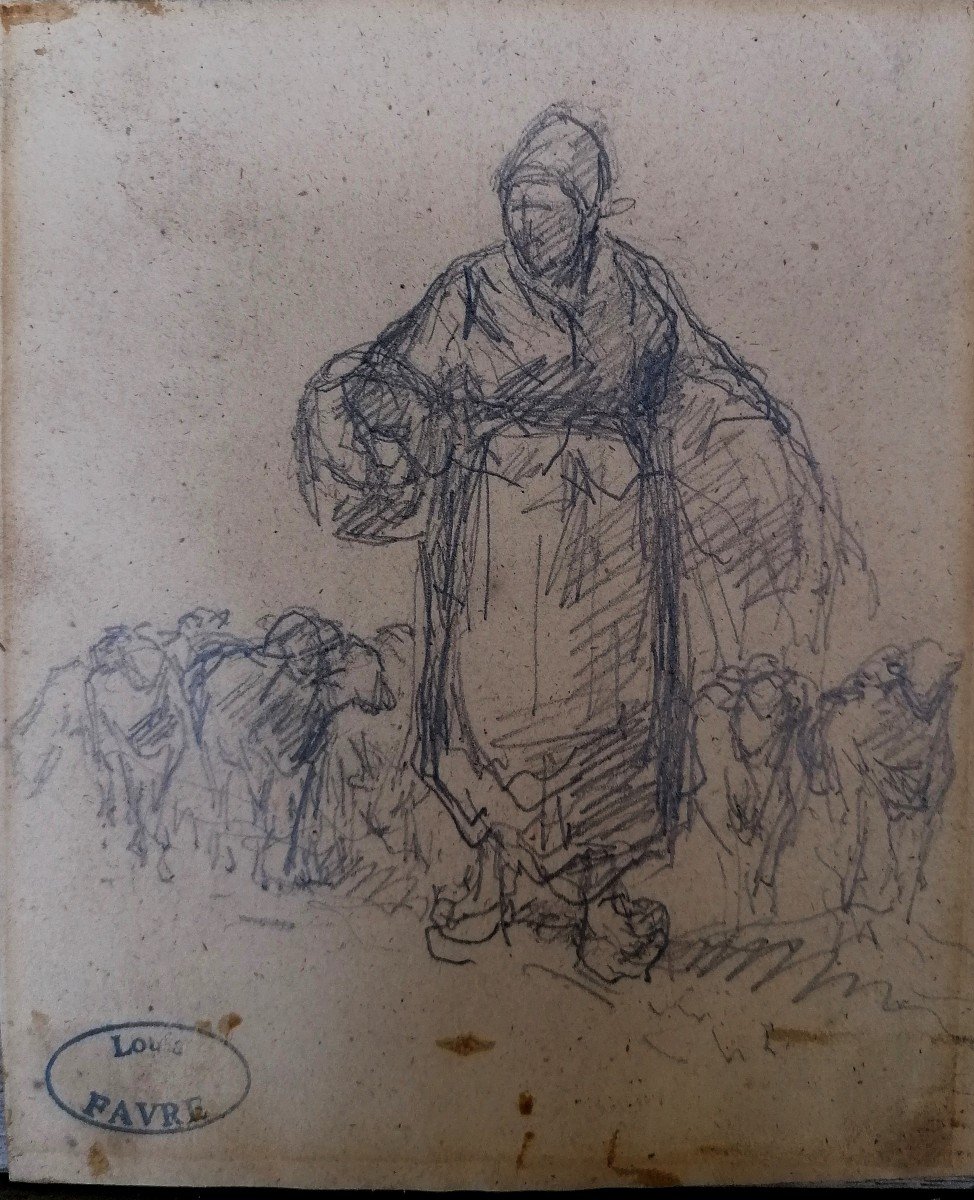 Louis Favre 1822-1904 - Drawing - Swiss School - Sketch - Farmer And Her Flock - 19th Century -