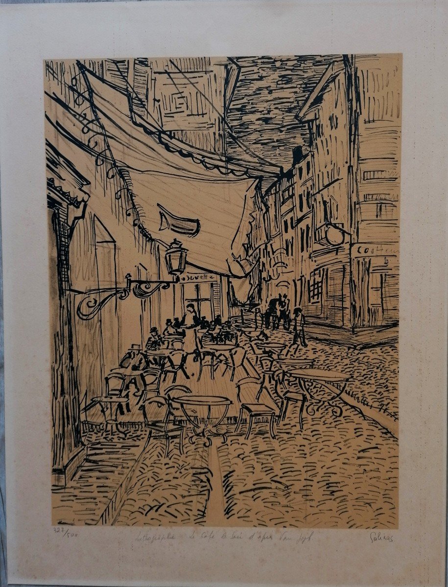 Marcel Salinas - Lithographie - Terrasse De Cafe Sur La Place Du Forum - Van Gogh - XXeme --photo-2