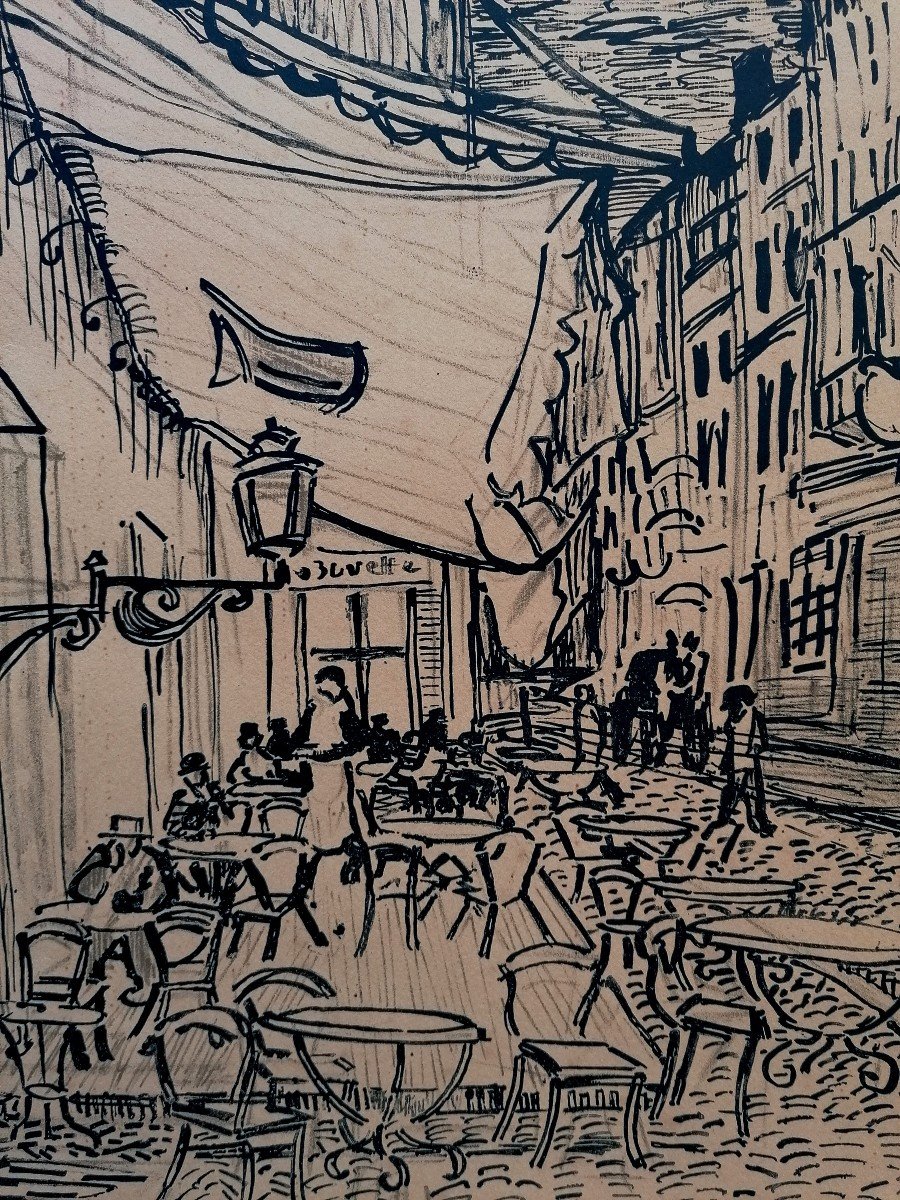 Marcel Salinas - Lithographie - Terrasse De Cafe Sur La Place Du Forum - Van Gogh - XXeme --photo-3