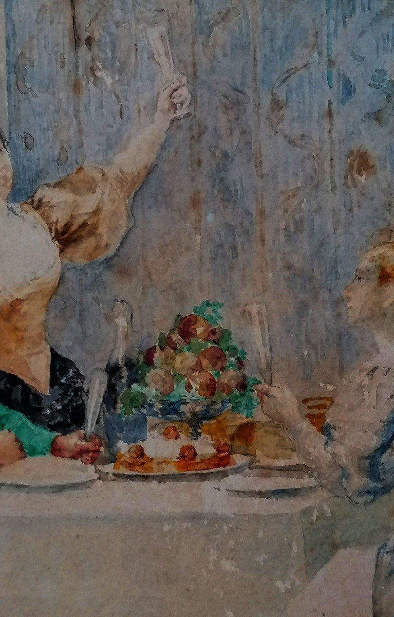 Noel Saunier 1847-1890 - Watercolor - Champagne Snack - 19th Century Period - -photo-2