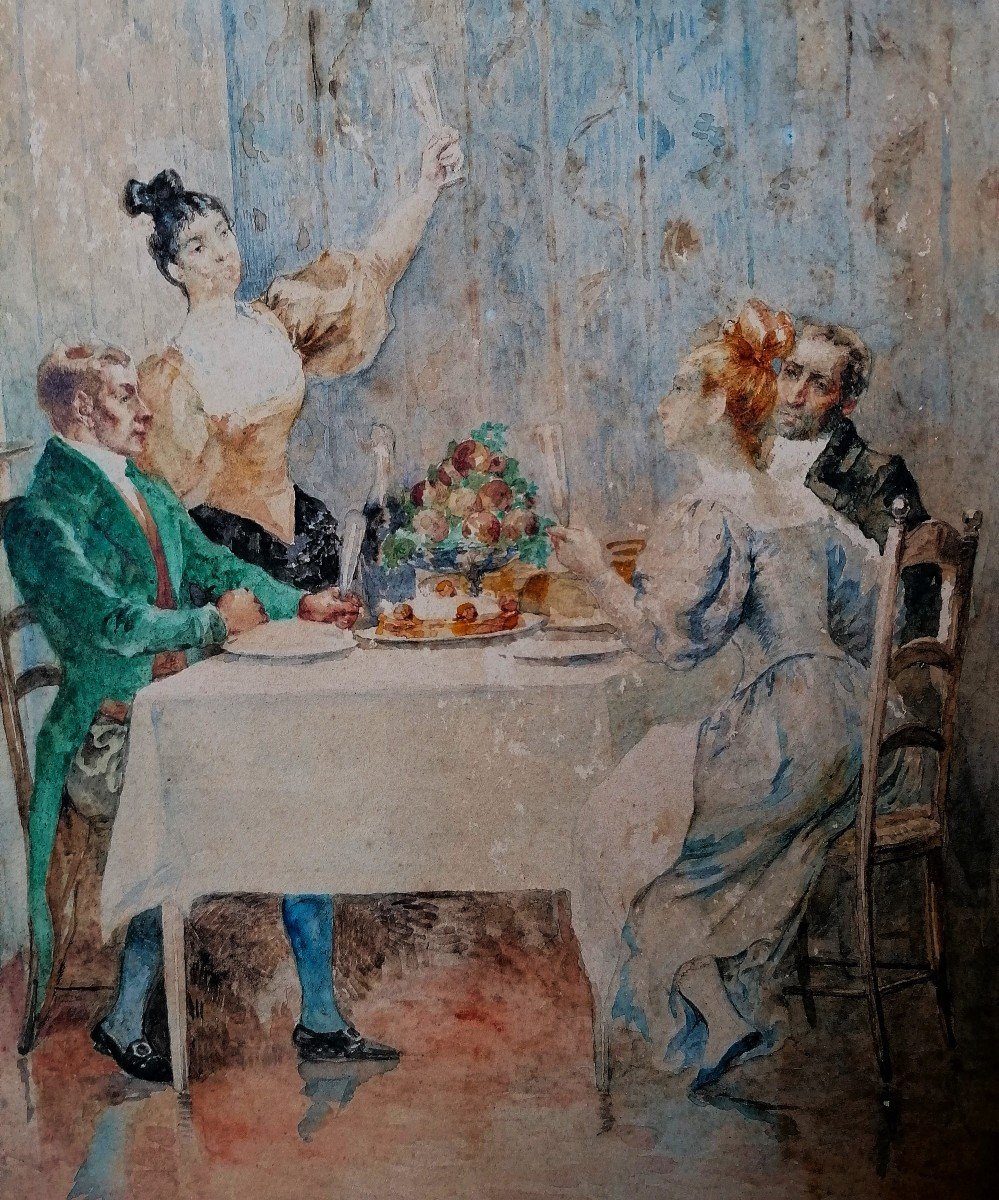 Noel Saunier 1847-1890 - Watercolor - Champagne Snack - 19th Century Period - -photo-3