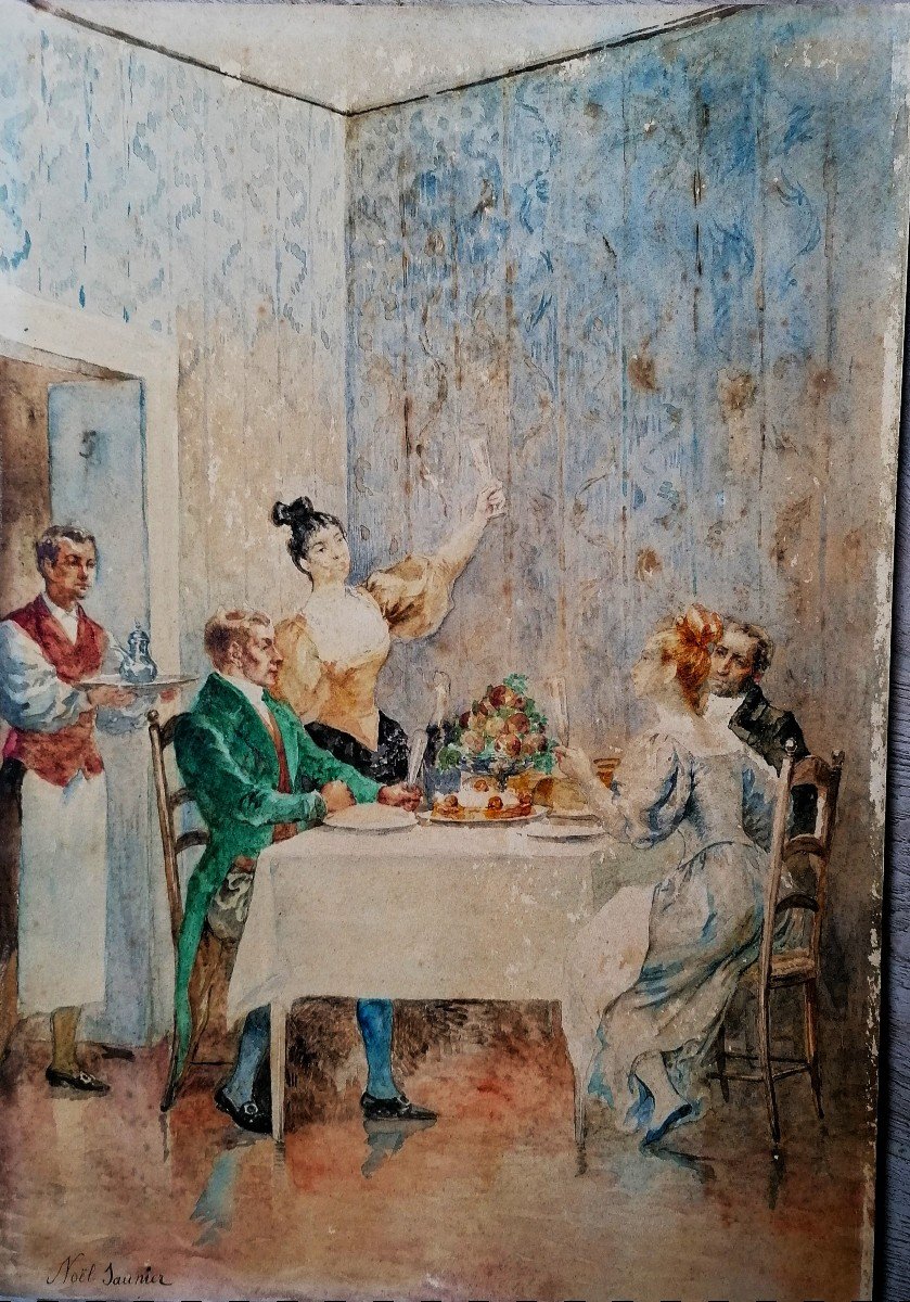 Noel Saunier 1847-1890 - Watercolor - Champagne Snack - 19th Century Period - 