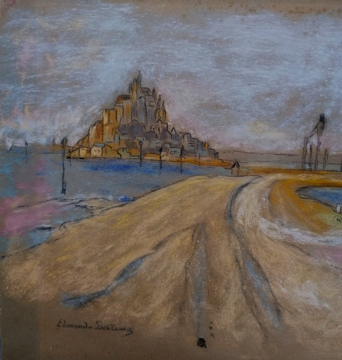 Edmond Bertreux 1911-1991 - Vue du Mont Saint Michel - Pastel - Ecole Nantaise - Milieu XXeme --photo-2