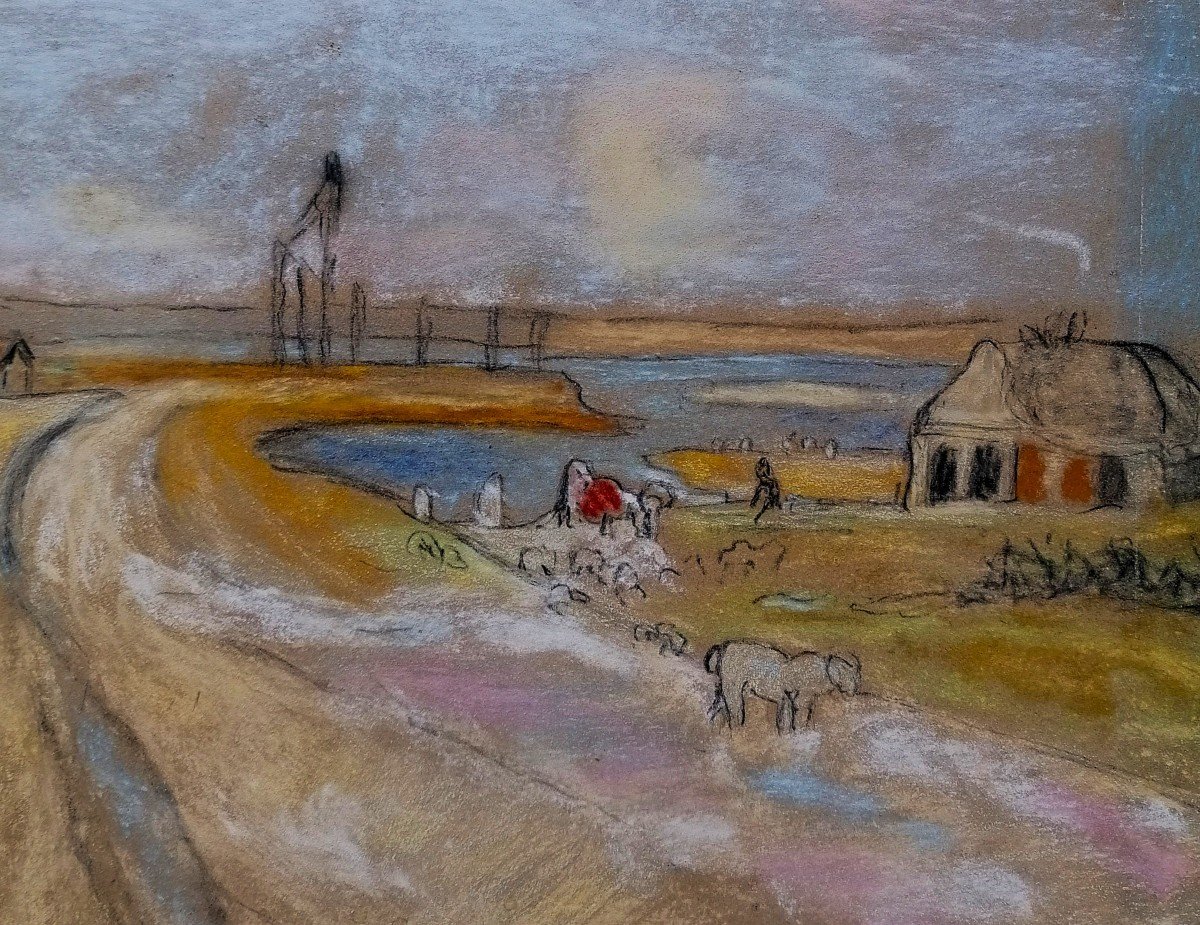 Edmond Bertreux 1911-1991 - Vue du Mont Saint Michel - Pastel - Ecole Nantaise - Milieu XXeme --photo-3