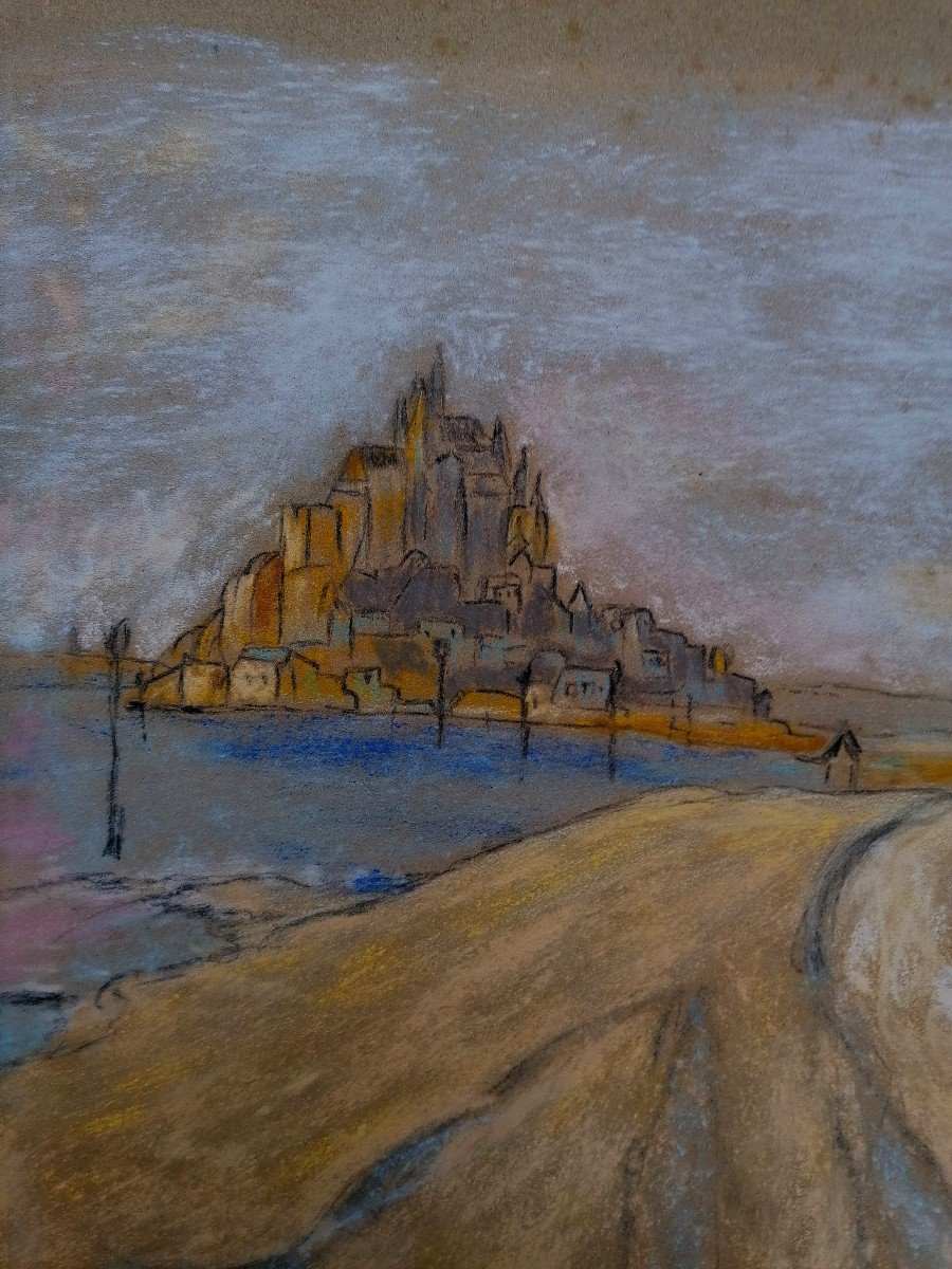 Edmond Bertreux 1911-1991 - Vue du Mont Saint Michel - Pastel - Ecole Nantaise - Milieu XXeme --photo-1