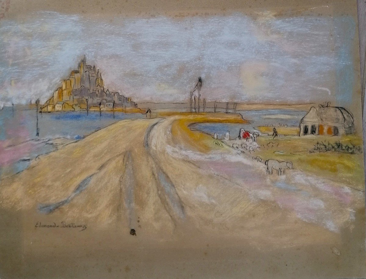 Edmond Bertreux 1911-1991 - Vue du Mont Saint Michel - Pastel - Ecole Nantaise - Milieu XXeme -