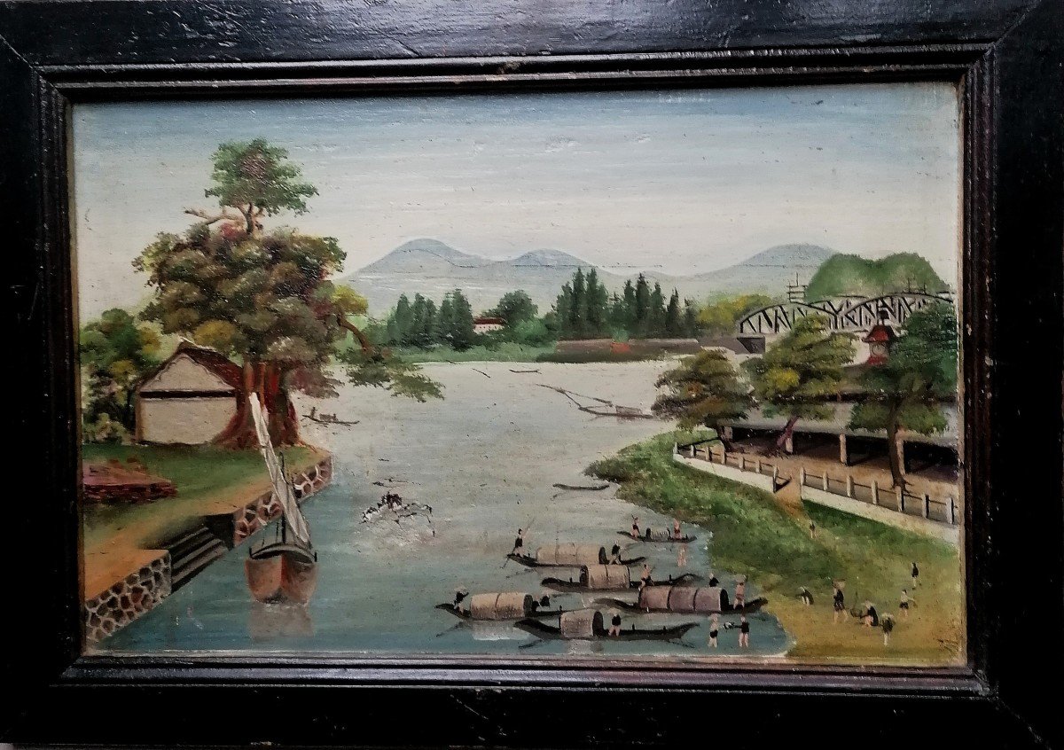 Oil On Panel - Vietnam - Métal Bridge In Hué - Perfume River --photo-2