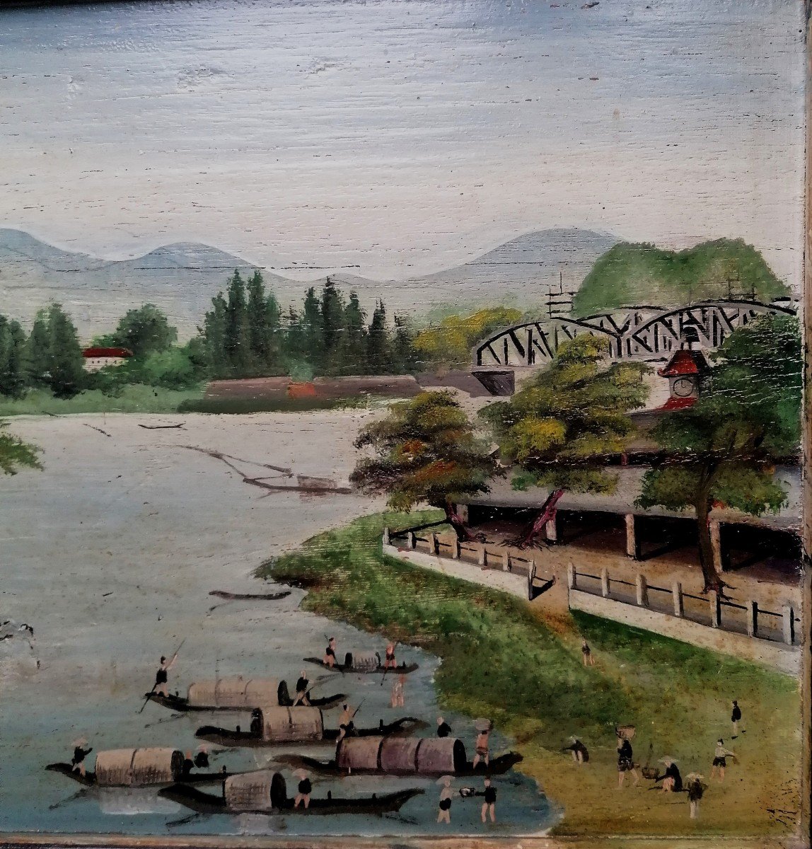 Oil On Panel - Vietnam - Métal Bridge In Hué - Perfume River --photo-3