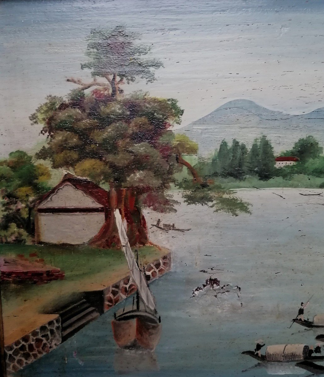 Oil On Panel - Vietnam - Métal Bridge In Hué - Perfume River --photo-4