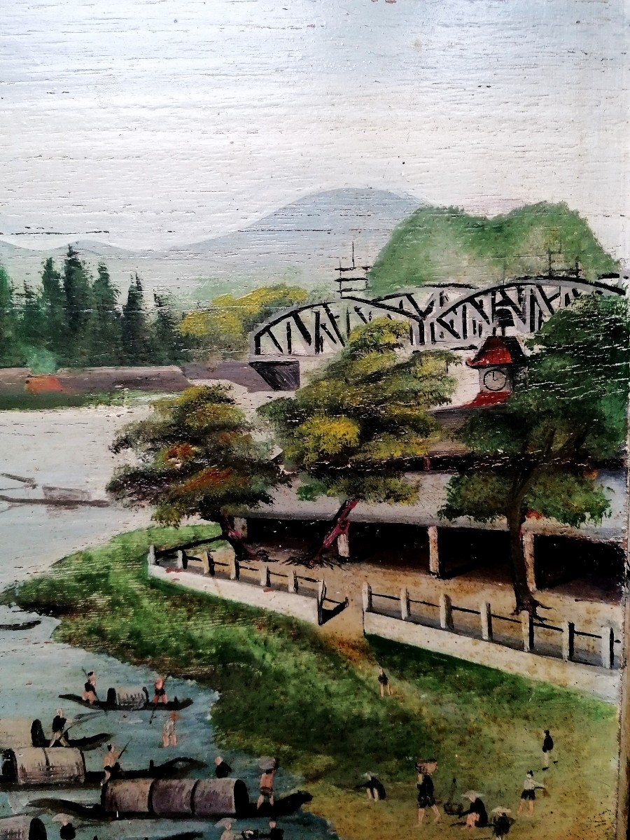 Oil On Panel - Vietnam - Métal Bridge In Hué - Perfume River --photo-1