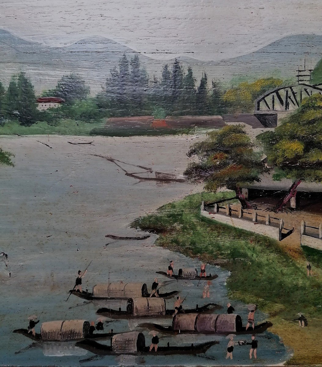 Oil On Panel - Vietnam - Métal Bridge In Hué - Perfume River --photo-2