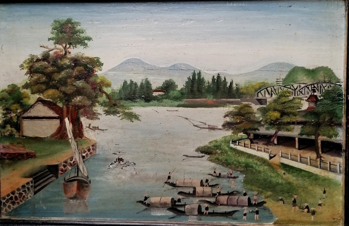 Oil On Panel - Vietnam - Métal Bridge In Hué - Perfume River -