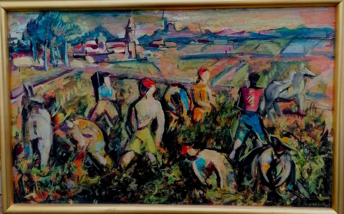 Emmanuel Bocchieri 1910-1998 - Vendanges en Italie - Huile sur Carton - -photo-2