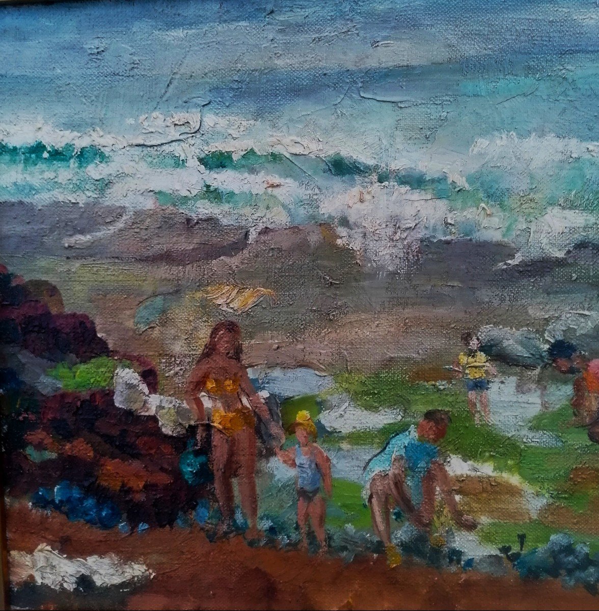 Huile sur Toile - Scène de Plage - Attribué a Le Bouter - Circa 1960 --photo-2