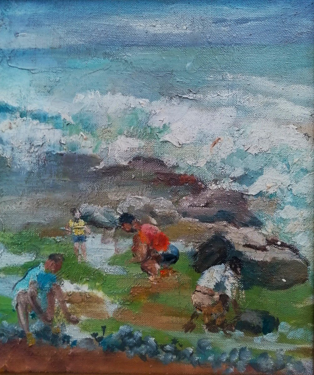 Huile sur Toile - Scène de Plage - Attribué a Le Bouter - Circa 1960 --photo-3