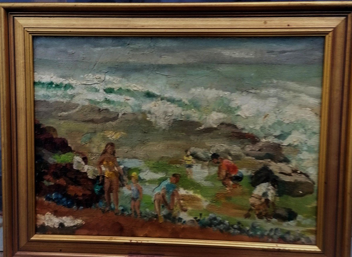 Huile sur Toile - Scène de Plage - Attribué a Le Bouter - Circa 1960 --photo-1