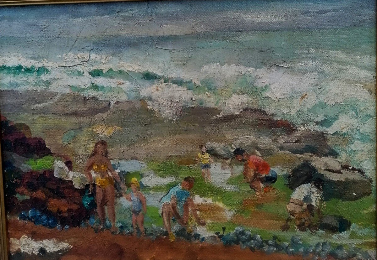 Huile sur Toile - Scène de Plage - Attribué a Le Bouter - Circa 1960 -