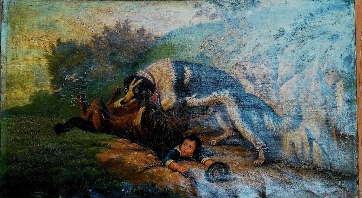 Gaston Barat 1883 - Dog Overcoming A Wolf To Save A Child - Oil On Canvas --photo-2