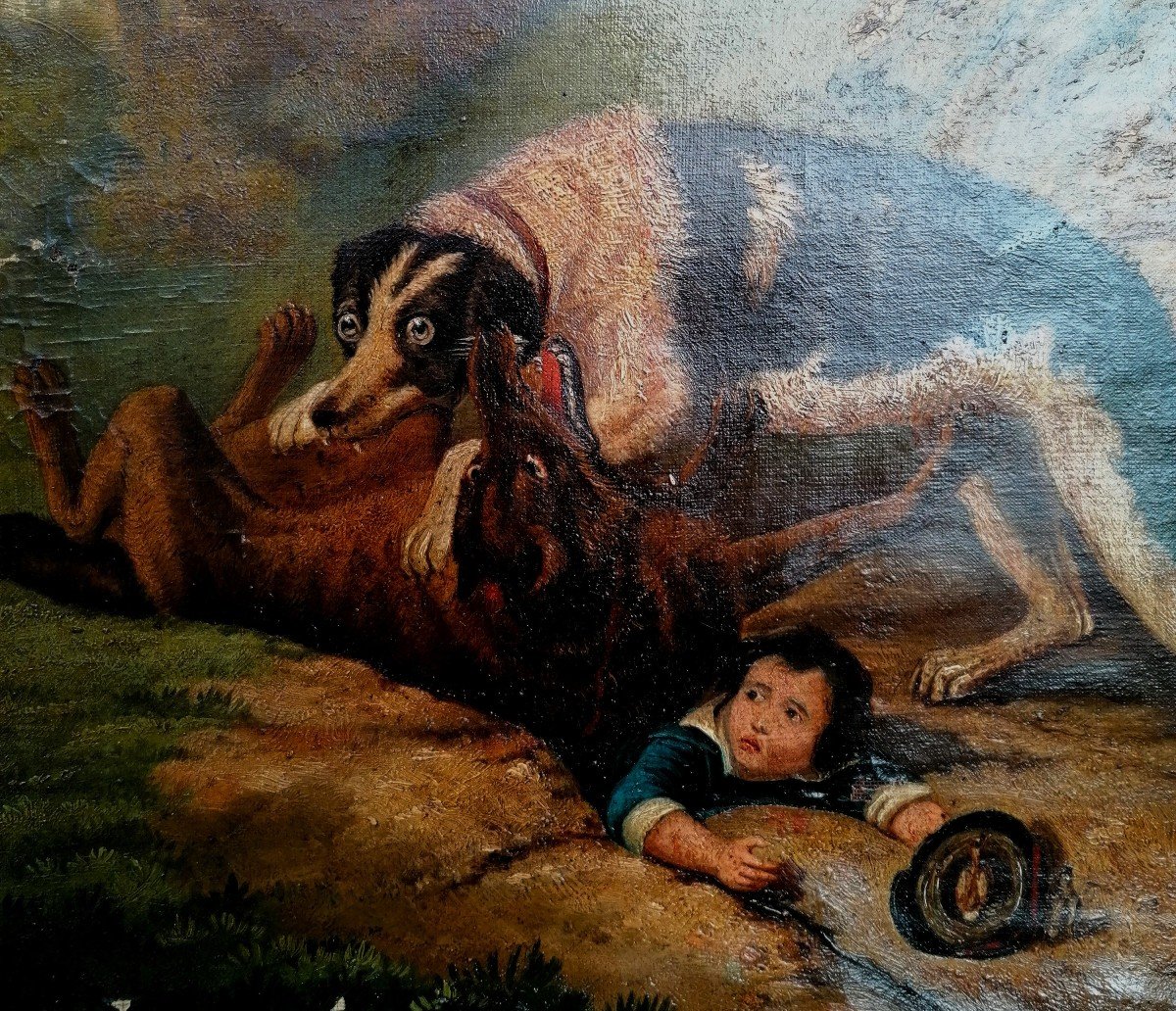 Gaston Barat 1883 - Dog Overcoming A Wolf To Save A Child - Oil On Canvas --photo-3