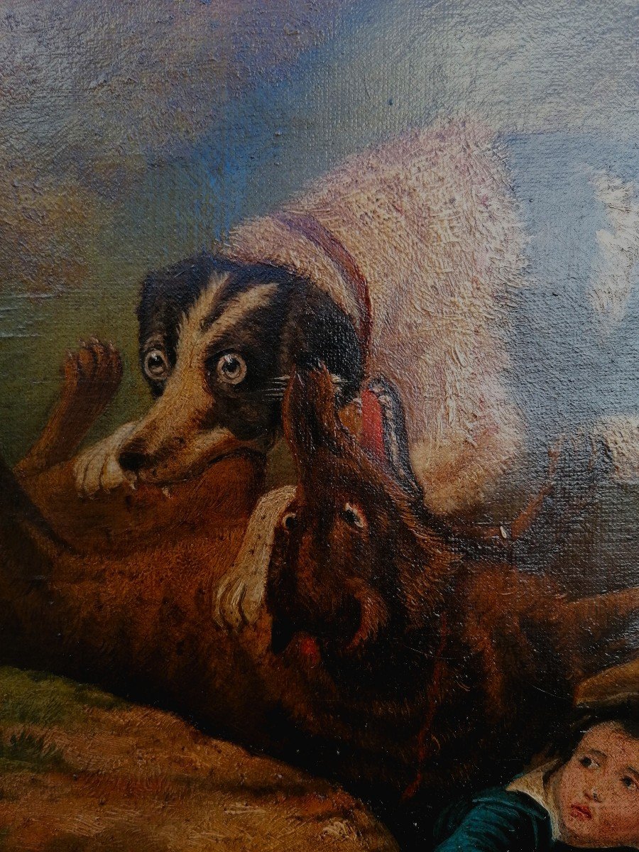 Gaston Barat 1883 - Dog Overcoming A Wolf To Save A Child - Oil On Canvas --photo-2