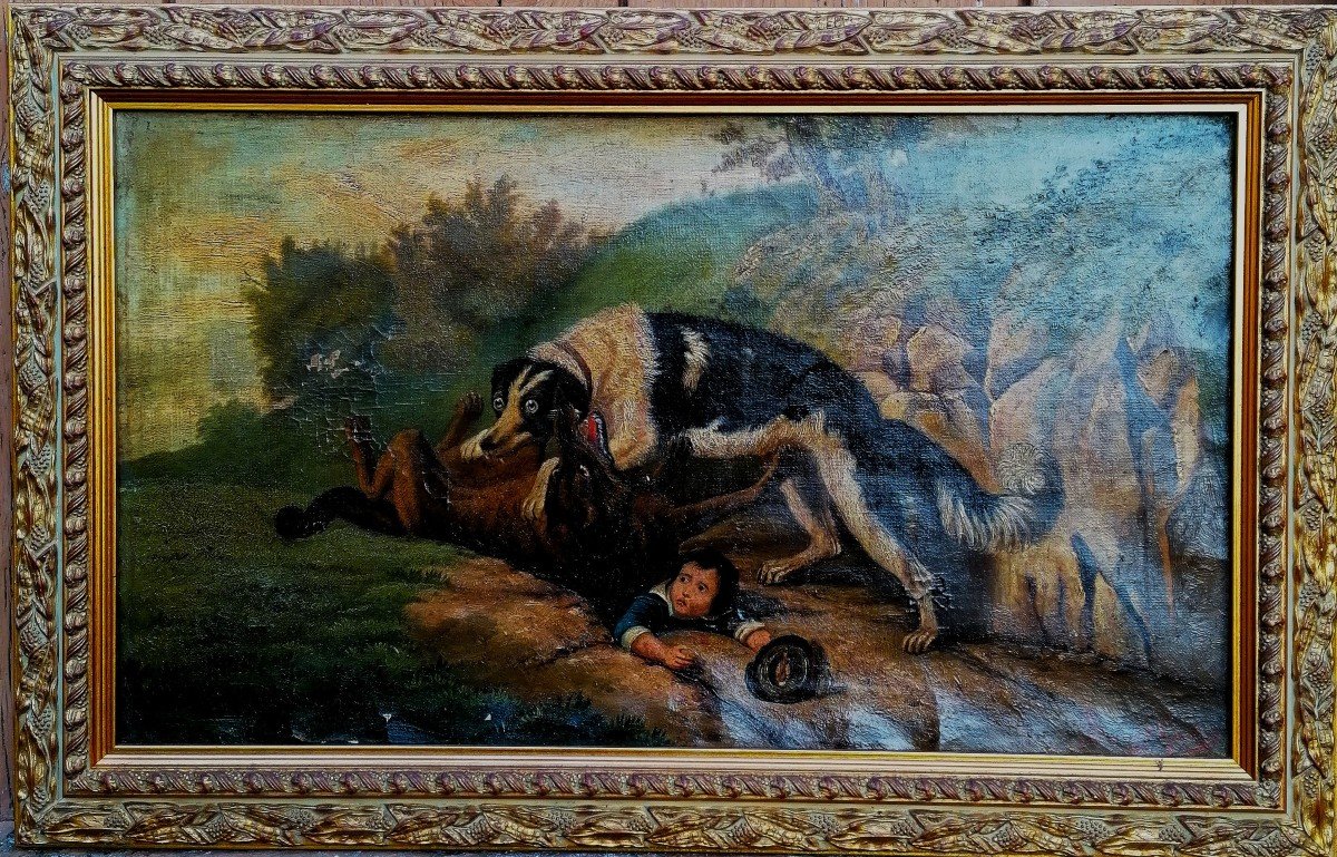 Gaston Barat 1883 - Dog Overcoming A Wolf To Save A Child - Oil On Canvas -